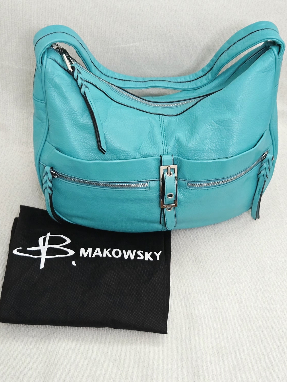 B. Makowsky Turquoise Soft Pebbled Leather Hobo Shoulder Bag + Dustbag